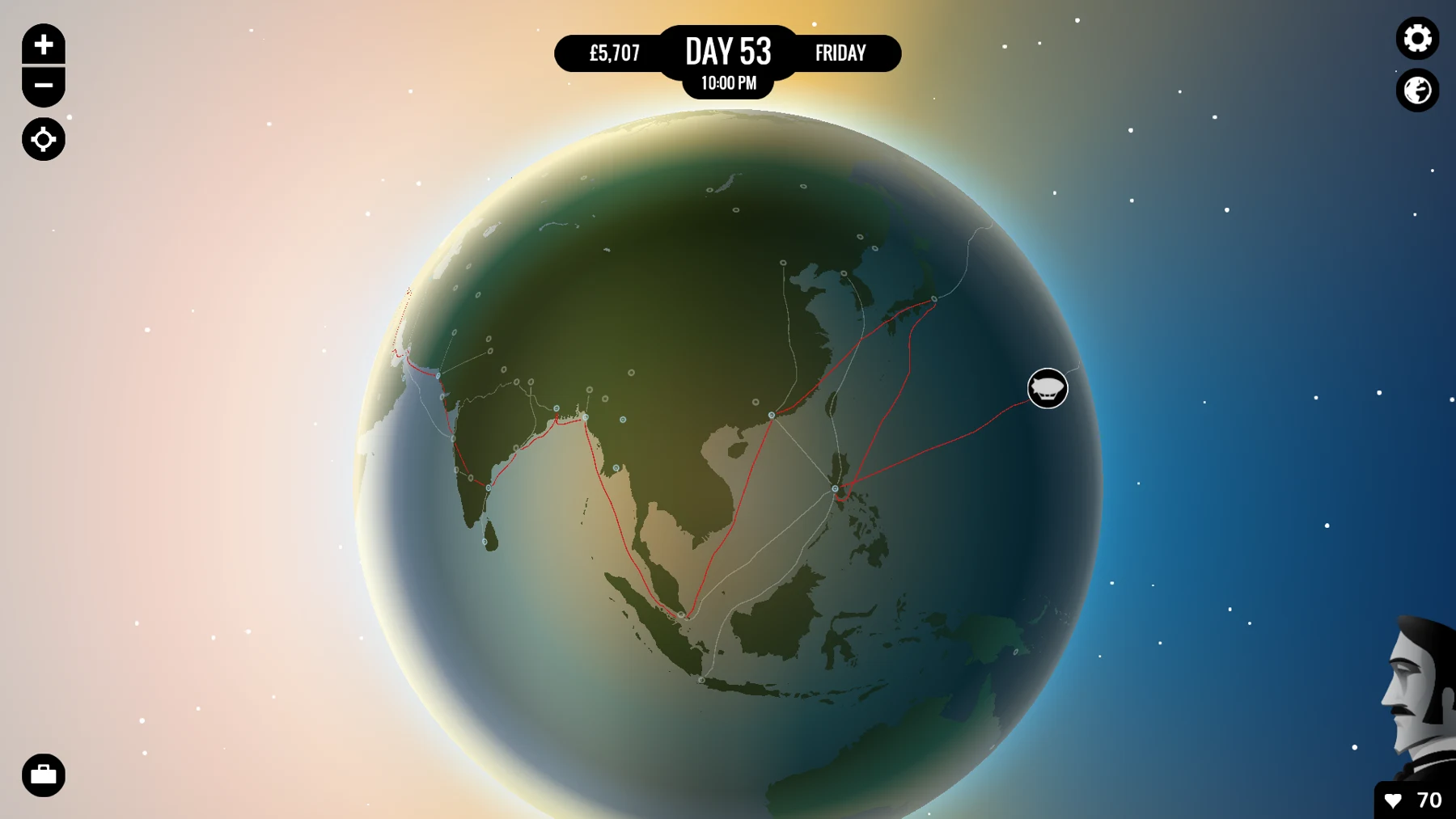 The globe route view and travel clock in an official 80 Days screenshot.