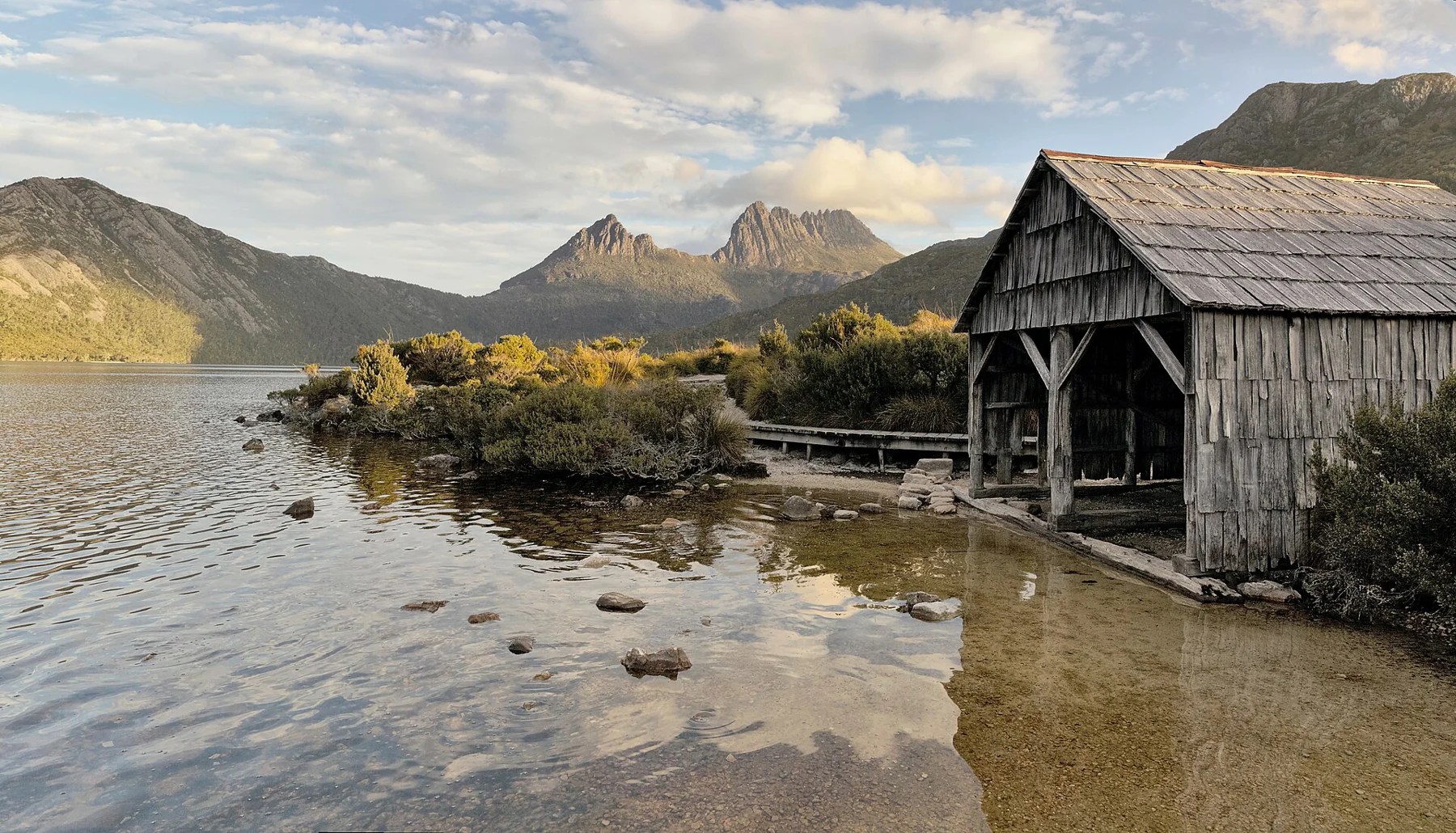 The historic boatshed beside Dove Lake, beneath Cradle Mountain in Tasmania.