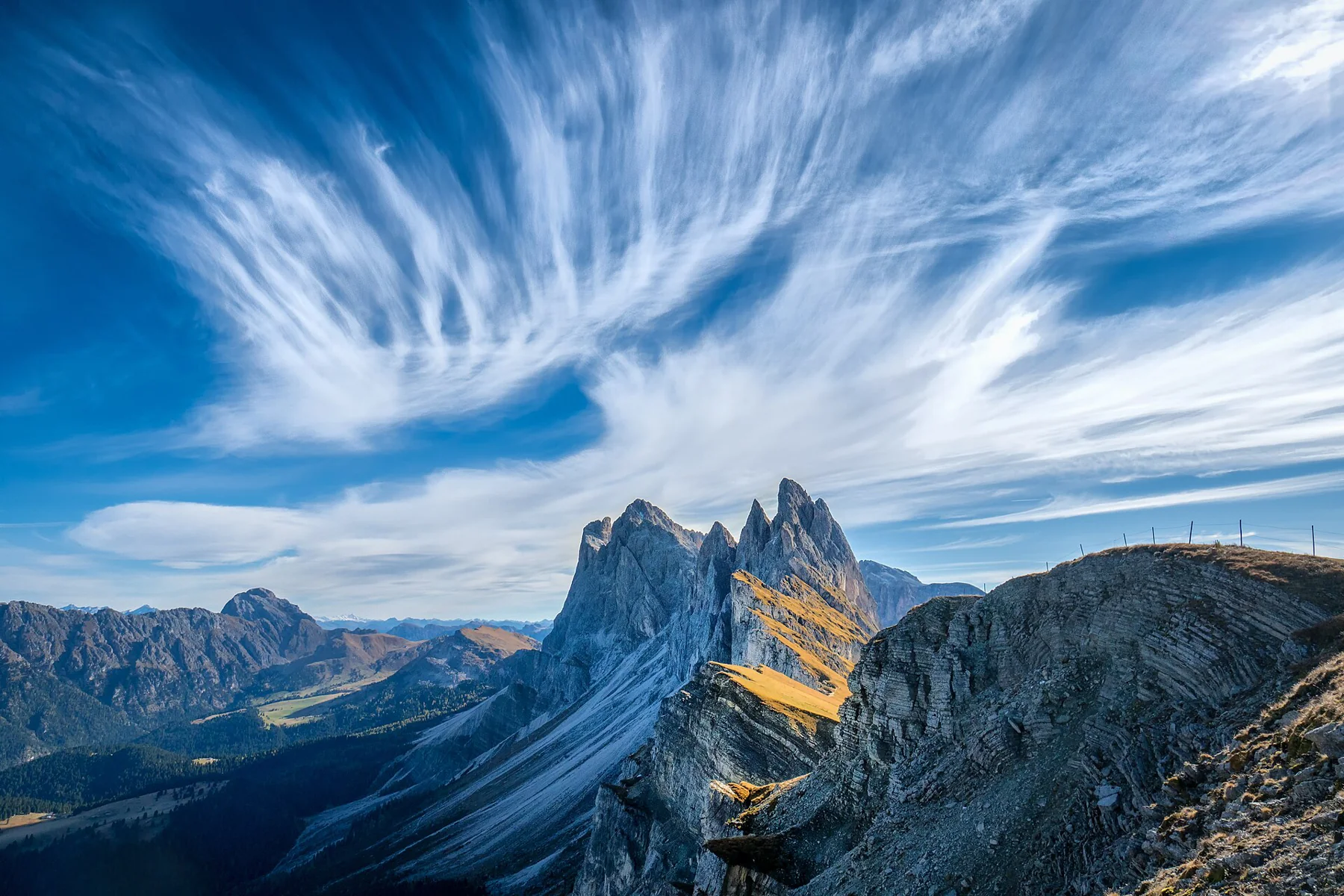The sharp Seceda ridgeline above Val Gardena in the Dolomites.