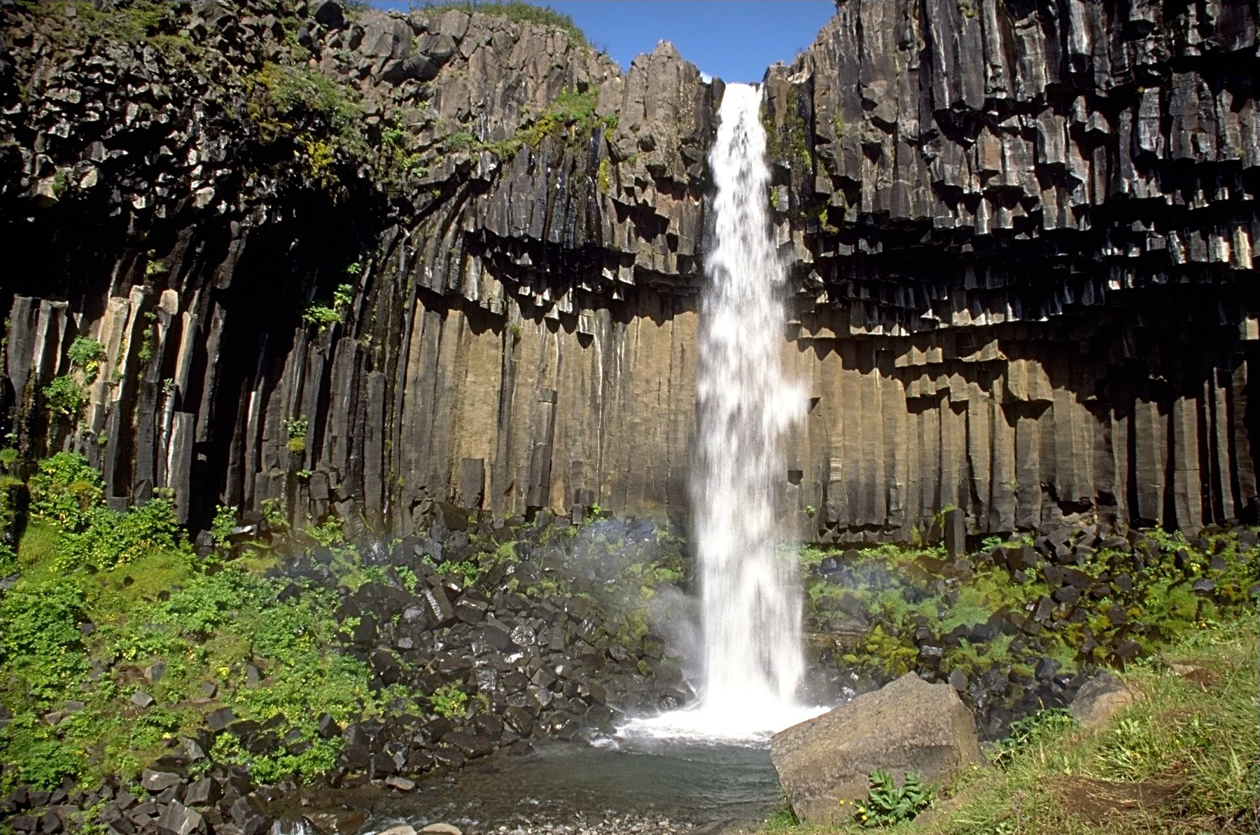 Svartifoss falls over basalt columns in Skaftafell, Iceland.