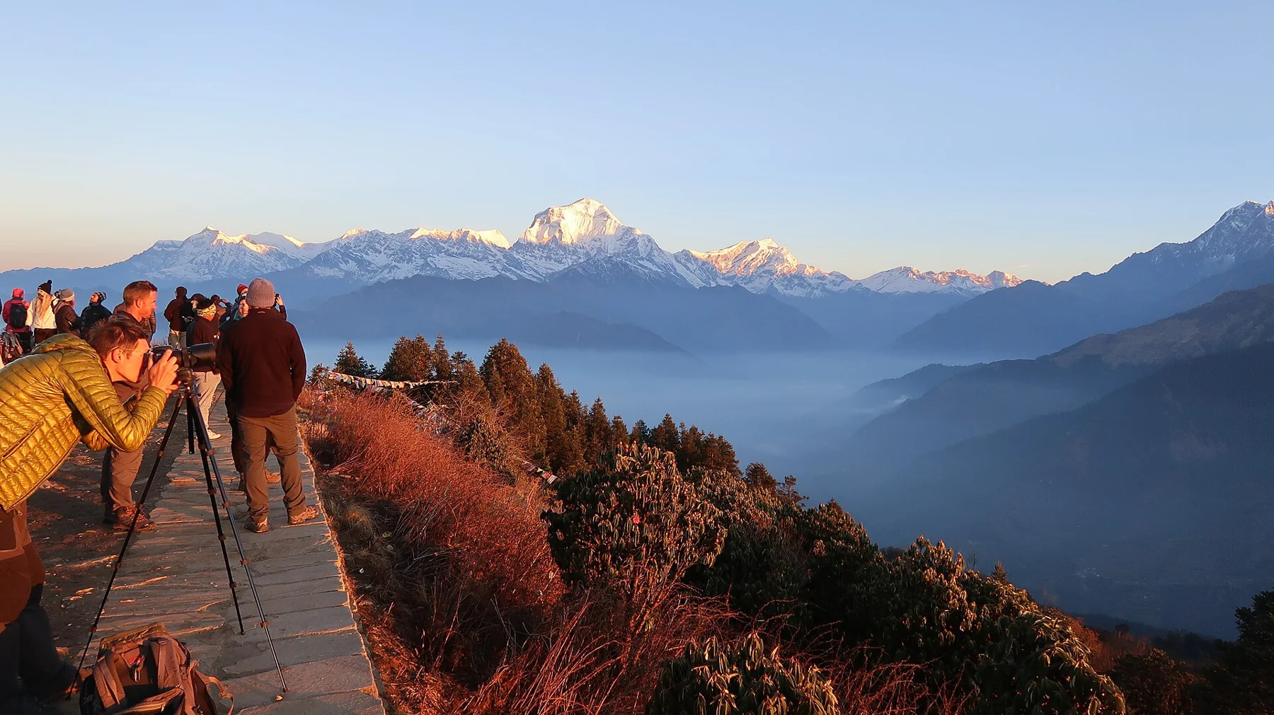 Sunrise on the Himalayan peaks seen from Poon Hill, Nepal.
