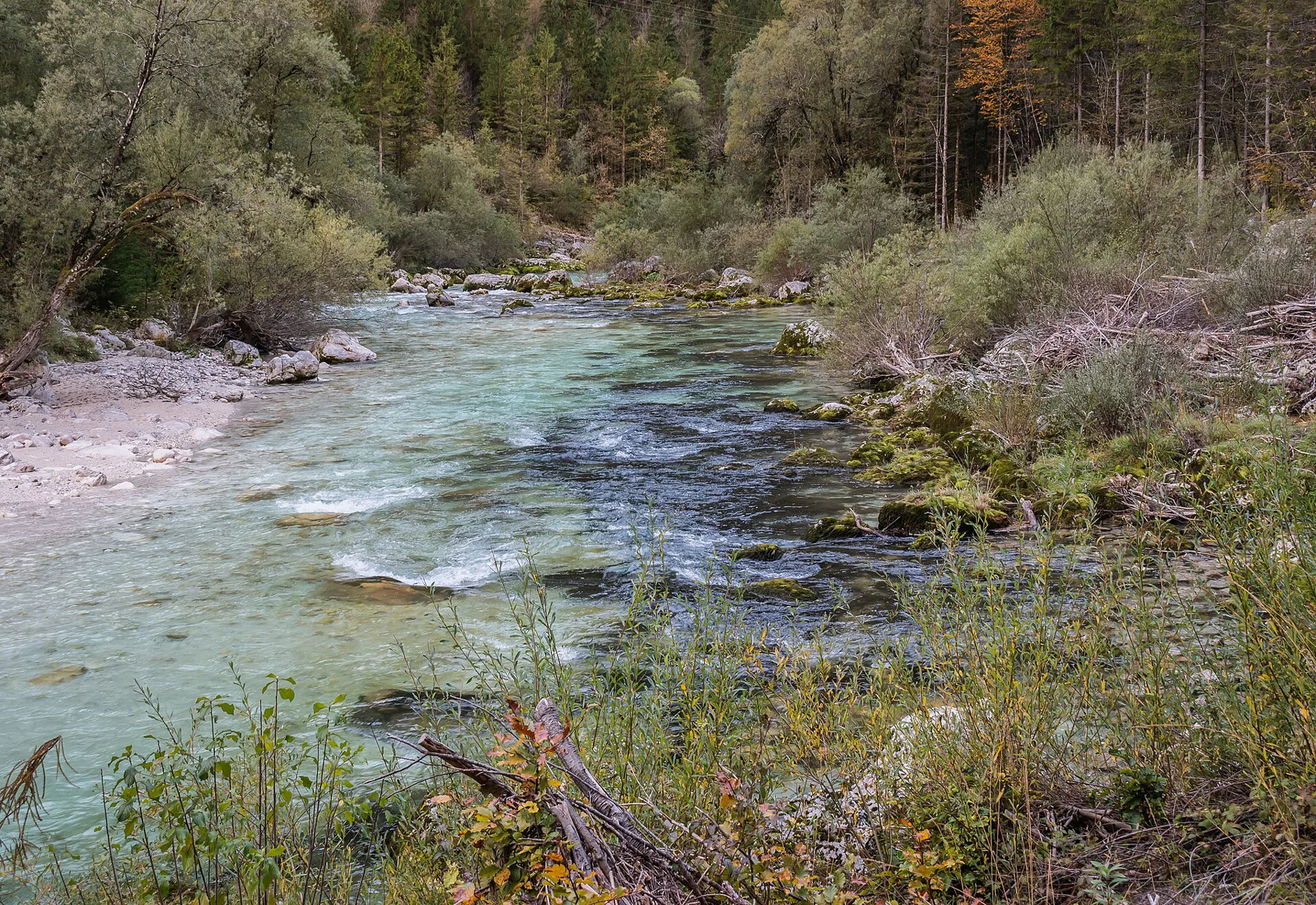 The Soča River near Čezsoča, close to Bovec in Slovenia.