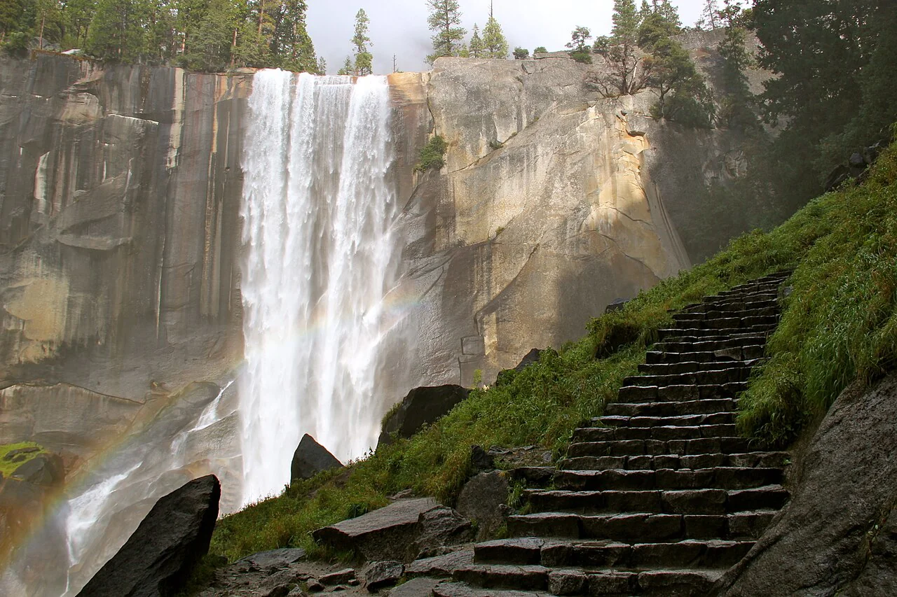 Stone steps on the Mist Trail beside Vernal Fall in Yosemite National Park.