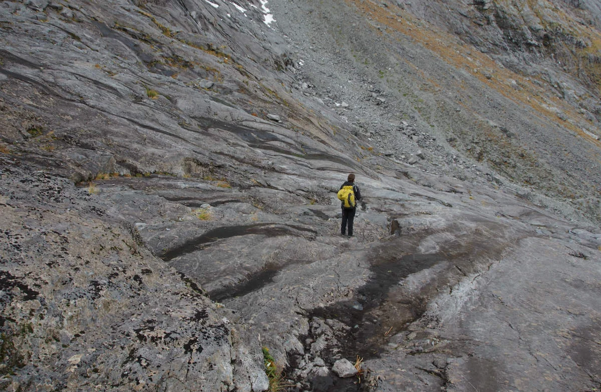 Steep slab rock on Gertrude Saddle Route.