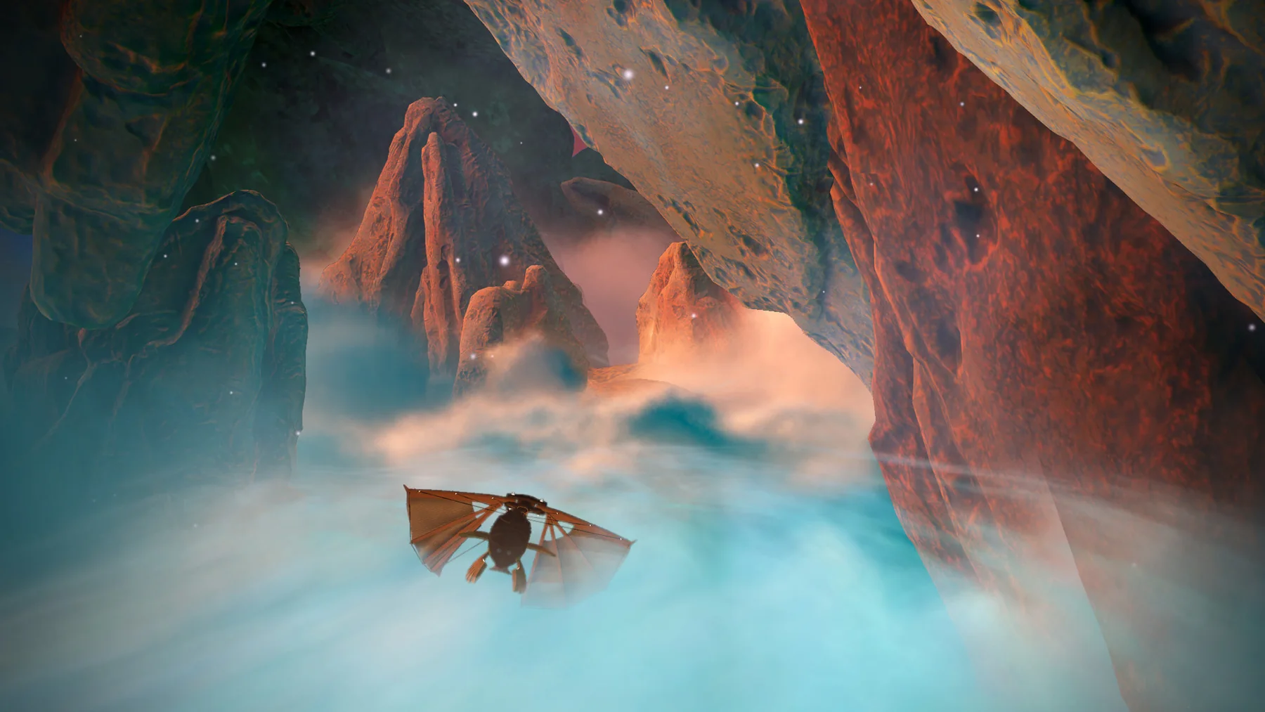 A small sailing craft travels along a luminous river between rocky cliffs in Heaven’s Vault.