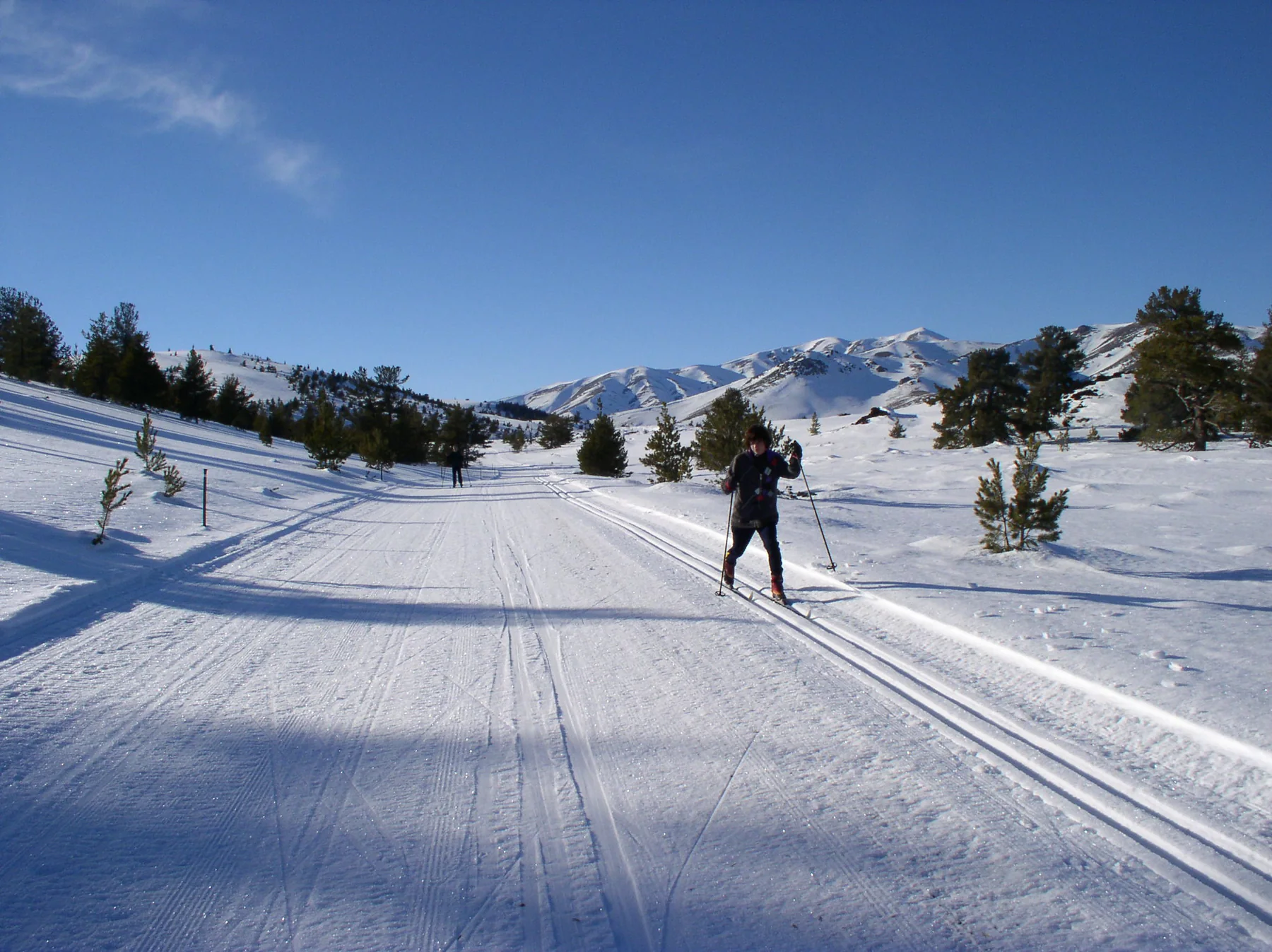 A cross-country skier travels down the groomed park road in winter.