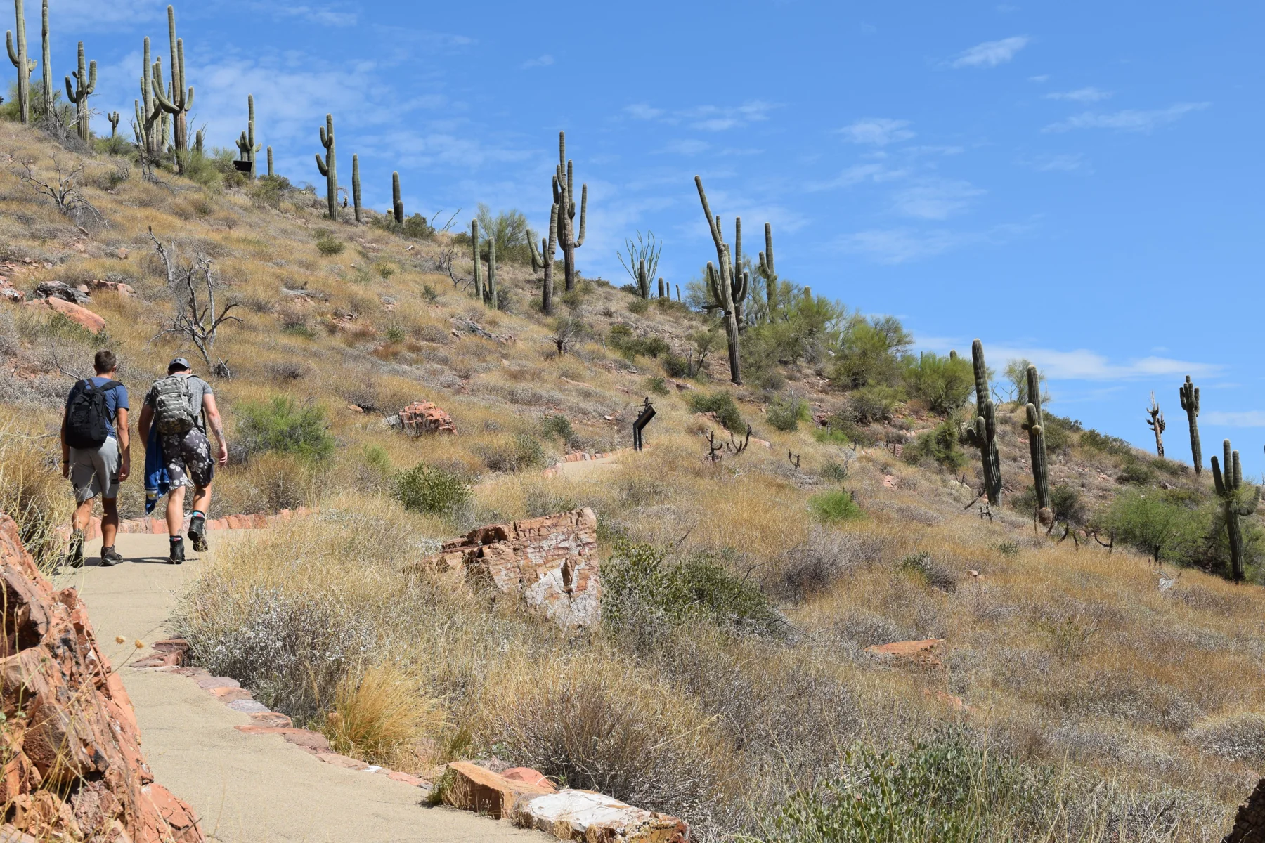 Two people walking up a steep paved trail through desert landscape.