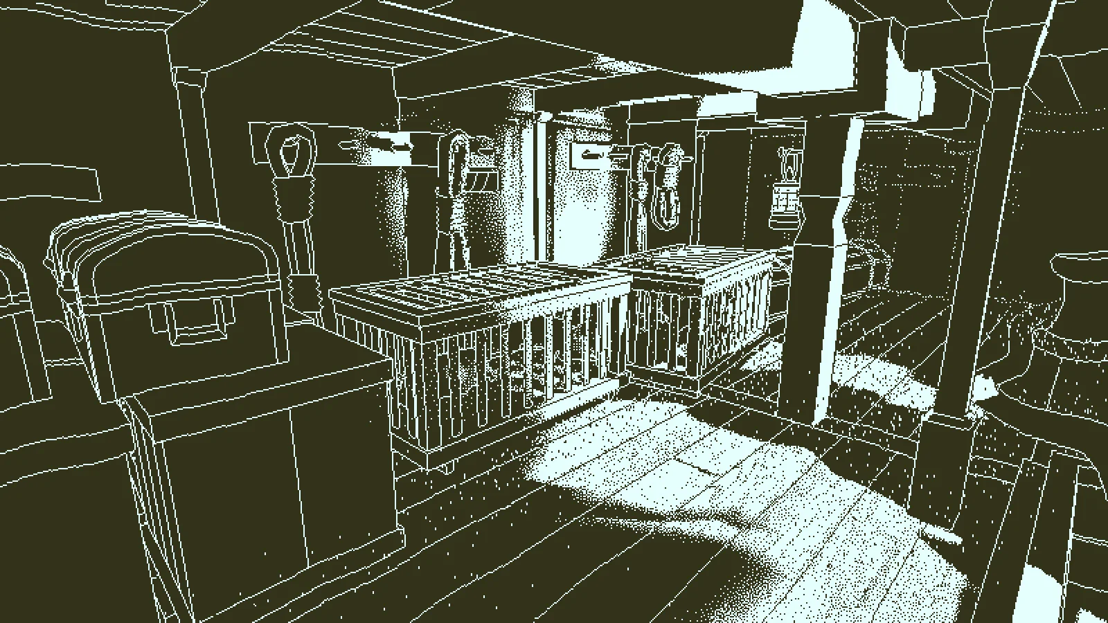 A monochrome ship interior with cargo crates, railings and passageways in Return of the Obra Dinn.