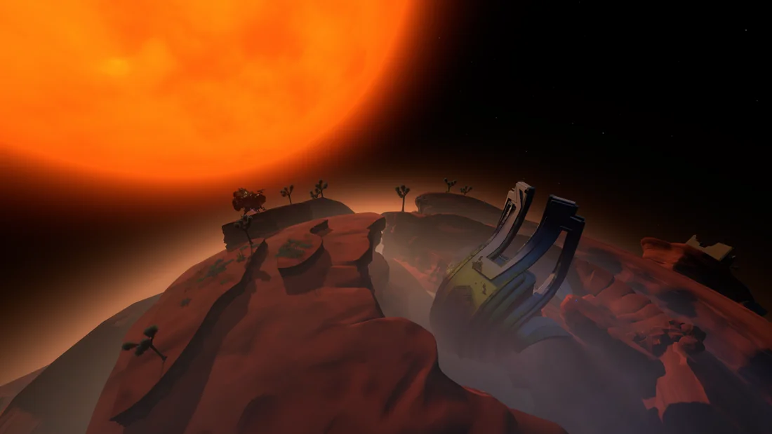 An escape pod on a rocky planet beneath a large orange sun in Outer Wilds.