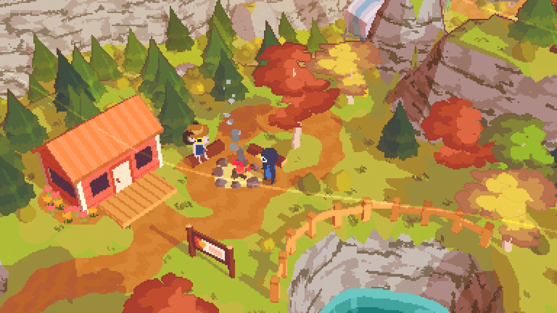 A red cabin among trees at Hawk Peak in an official A Short Hike screenshot.