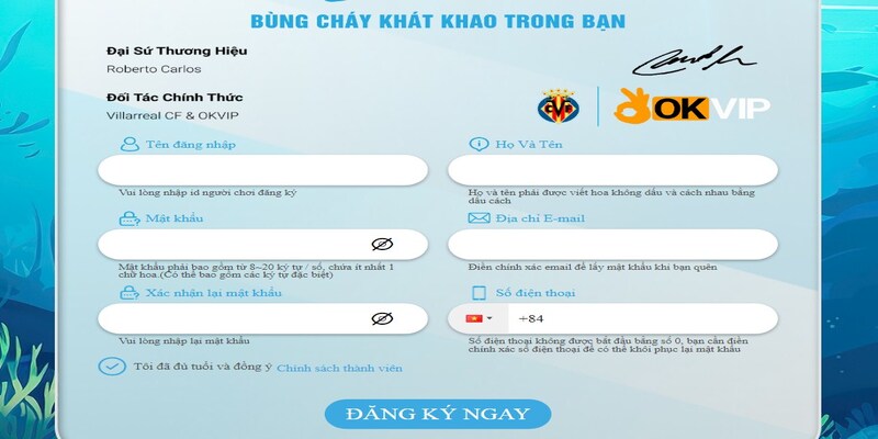 Form đăng ký chơi bắn cá 2D tại Sunwin